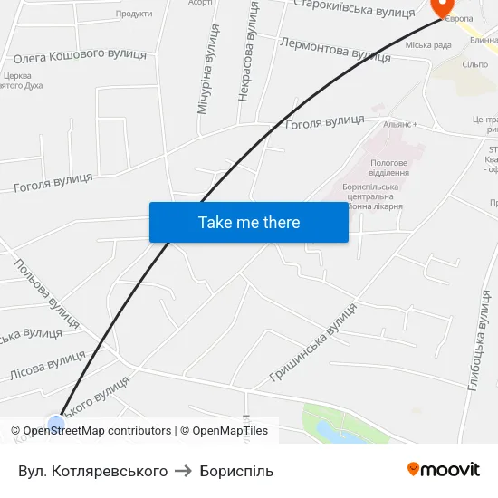 Вул. Котляревського to Бориспіль map