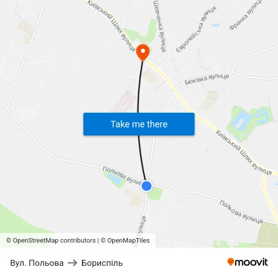Вул. Польова to Бориспіль map