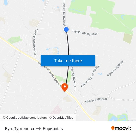 Вул. Тургенєва to Бориспіль map