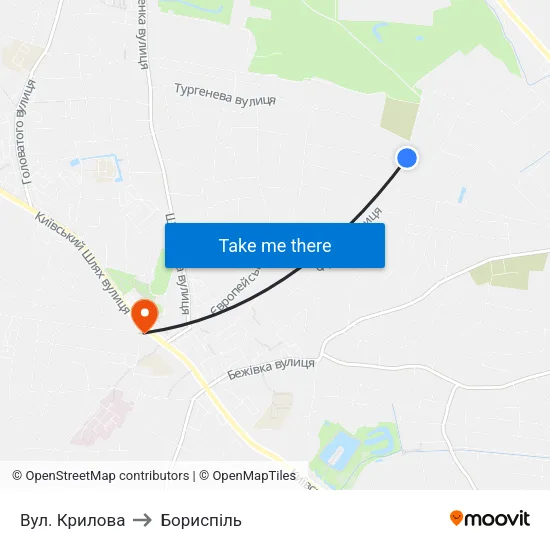 Вул. Крилова to Бориспіль map
