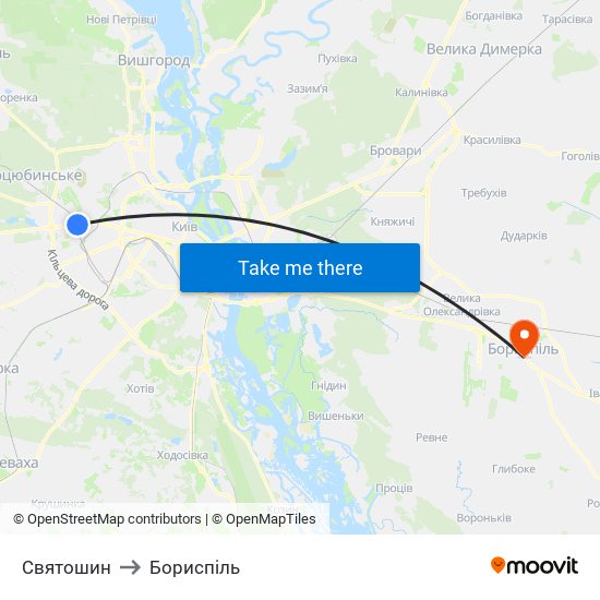 Святошин to Бориспіль map