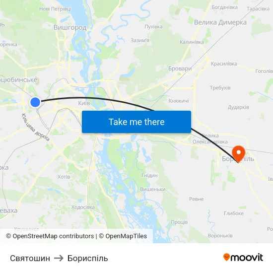 Святошин to Бориспіль map