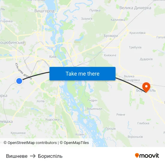 Вишневе to Бориспіль map