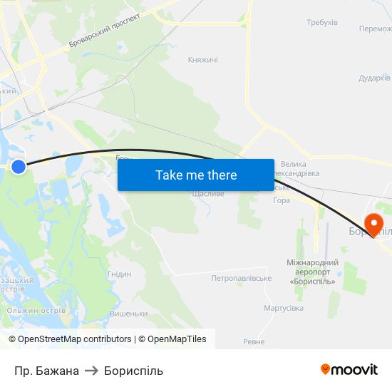 Пр. Бажана to Бориспіль map