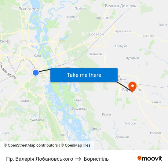 Пр. Валерія Лобановського to Бориспіль map