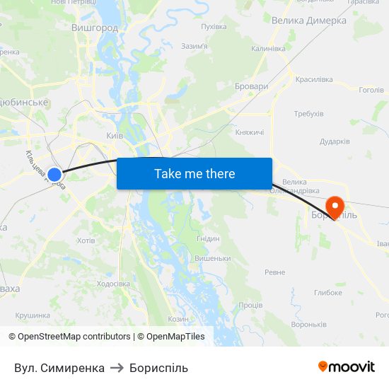 Вул. Симиренка to Бориспіль map