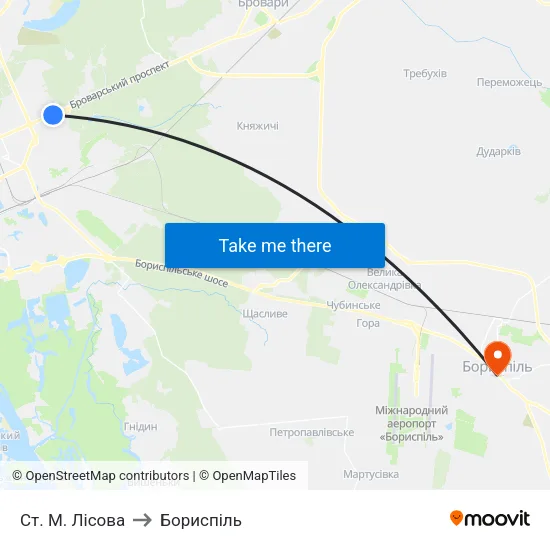 Ст. М. Лісова to Бориспіль map