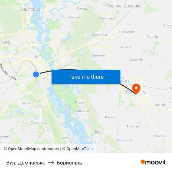 Вул. Деміївська to Бориспіль map