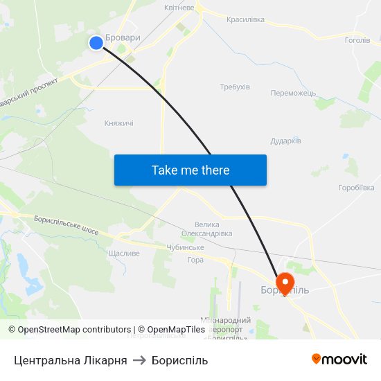 Центральна Лікарня to Бориспіль map