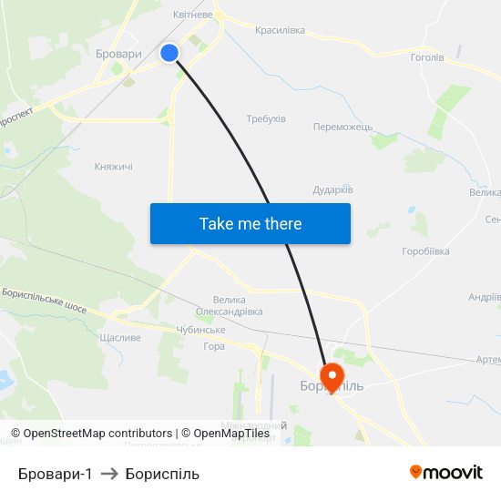 Бровари-1 to Бориспіль map