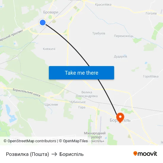 Розвилка (Пошта) to Бориспіль map