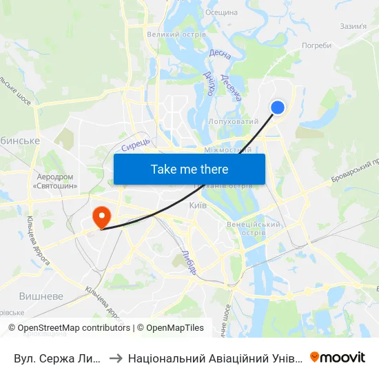 Вул. Сержа Лифаря to Національний Авіаційний Університет map