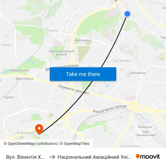 Вул. Вікентія Хвойки to Національний Авіаційний Університет map