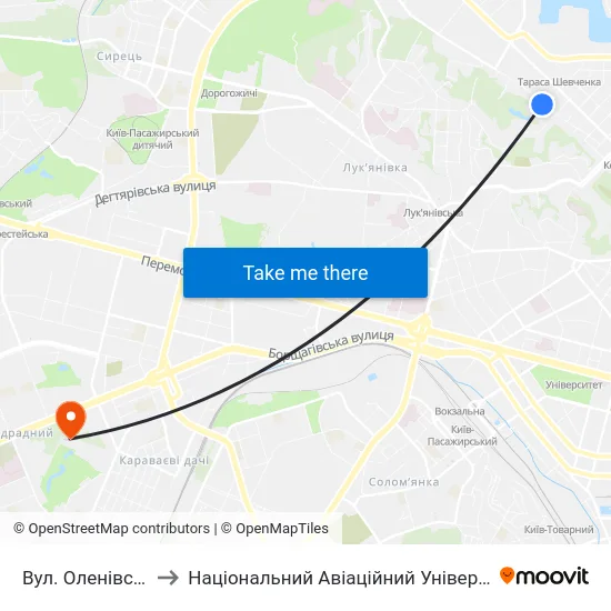 Вул. Оленівська to Національний Авіаційний Університет map