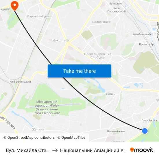 Вул. Михайла Стельмаха to Національний Авіаційний Університет map