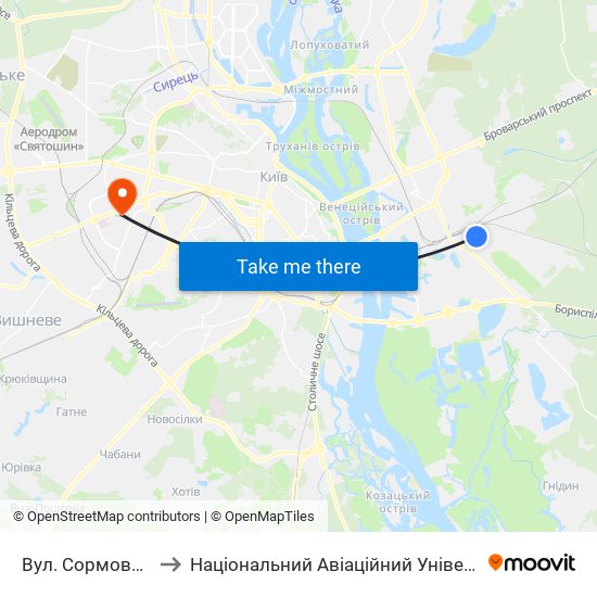 Вул. Сормовська to Національний Авіаційний Університет map