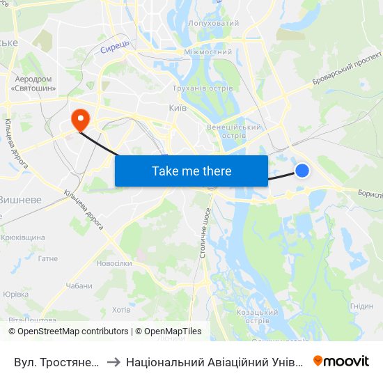 Вул. Тростянецька to Національний Авіаційний Університет map