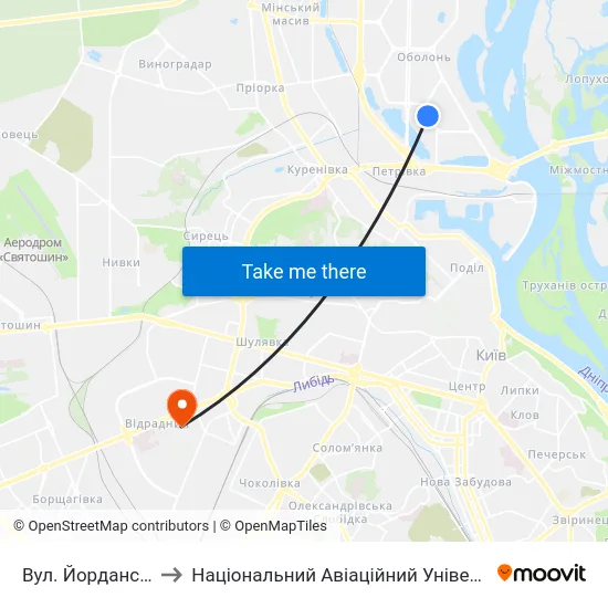 Вул. Йорданська to Національний Авіаційний Університет map