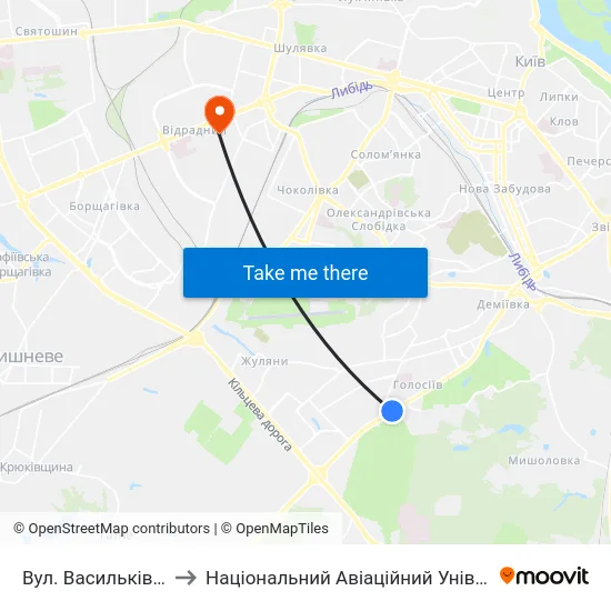 Вул. Васильківська to Національний Авіаційний Університет map