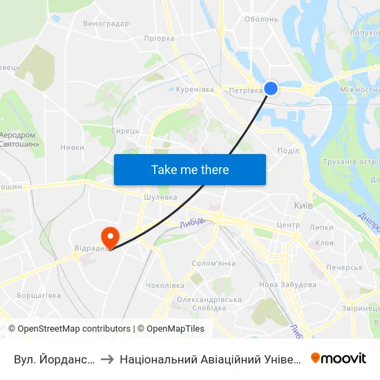 Вул. Йорданська to Національний Авіаційний Університет map