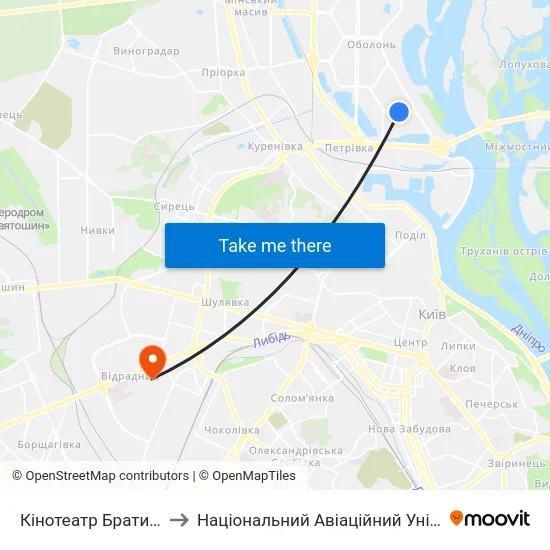Кінотеатр Братислава to Національний Авіаційний Університет map
