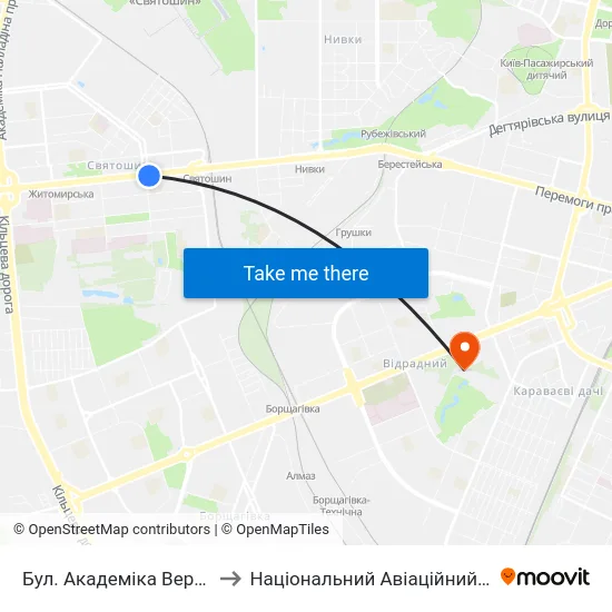 Бул. Академіка Вернадського to Національний Авіаційний Університет map