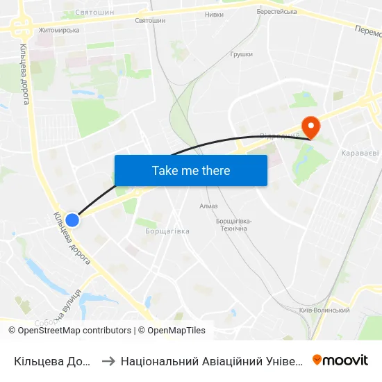 Кільцева Дорога to Національний Авіаційний Університет map