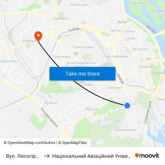 Вул. Лисогірська to Національний Авіаційний Університет map