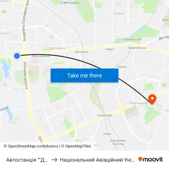 Автостанція ""Дачна"" to Національний Авіаційний Університет map