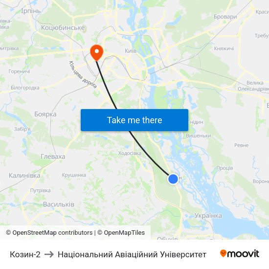Козин-2 to Національний Авіаційний Університет map