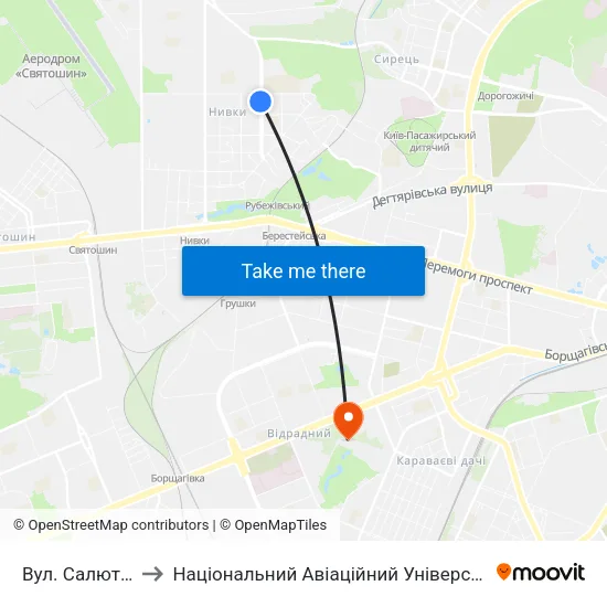 Вул. Салютна to Національний Авіаційний Університет map