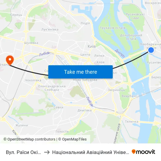 Вул. Раїси Окіпної to Національний Авіаційний Університет map