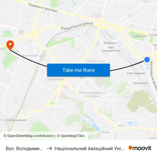 Вул. Володимирська to Національний Авіаційний Університет map