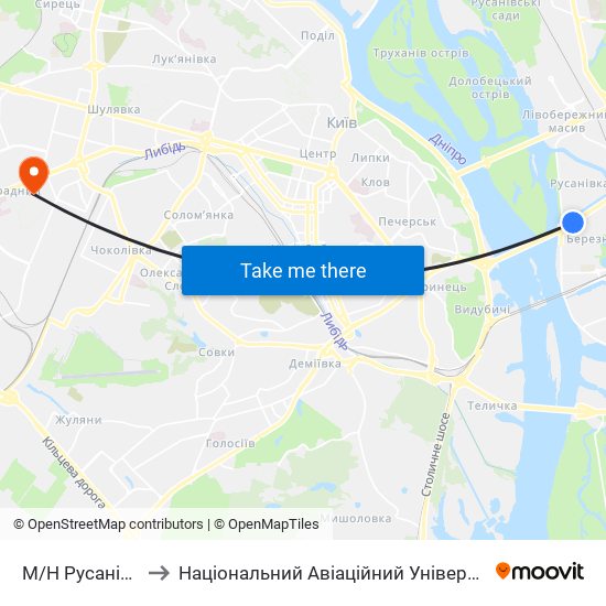 М/Н Русанівка to Національний Авіаційний Університет map