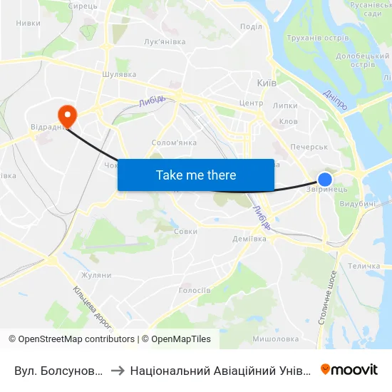 Вул. Болсуновська to Національний Авіаційний Університет map