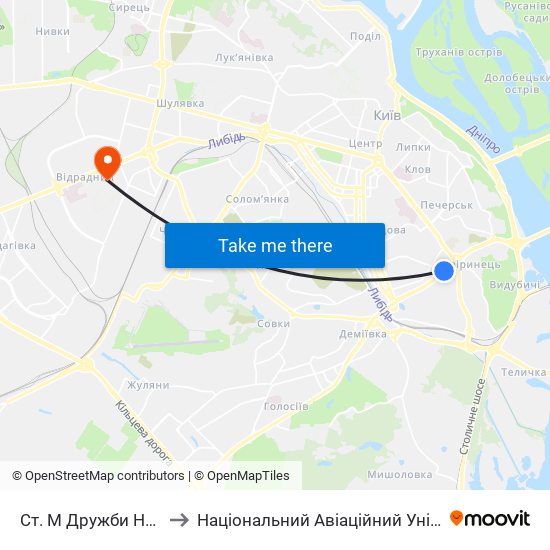 Ст. М Дружби Народів to Національний Авіаційний Університет map
