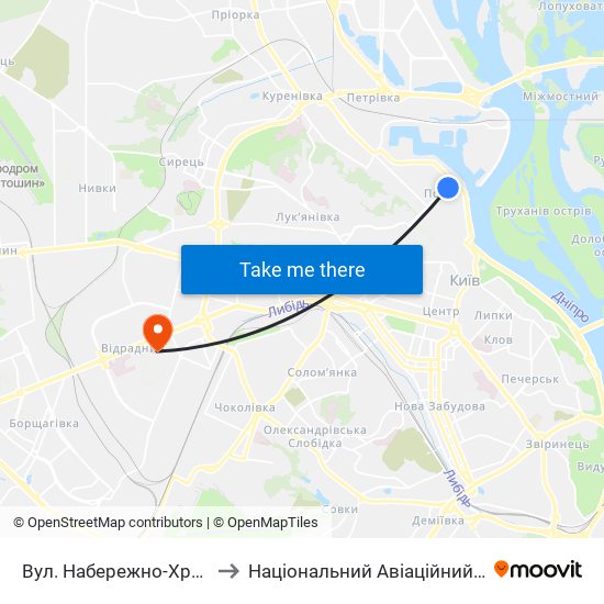 Вул. Набережно-Хрещатицька to Національний Авіаційний Університет map