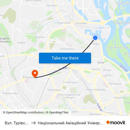 Вул. Турівська to Національний Авіаційний Університет map