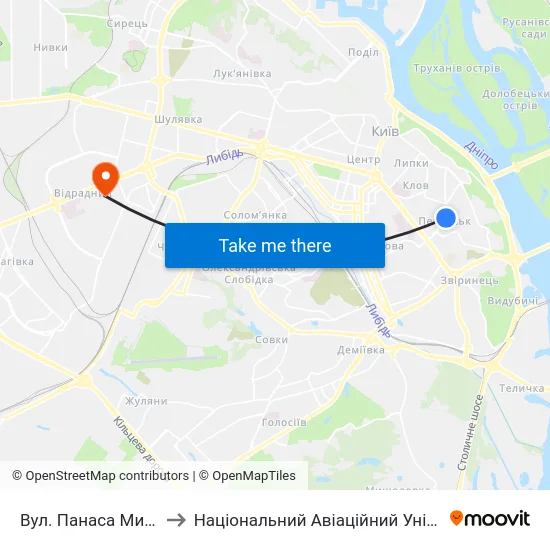 Вул. Панаса Мирного to Національний Авіаційний Університет map