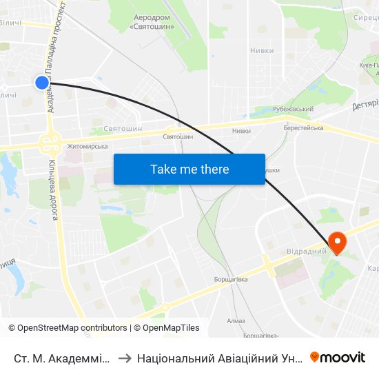 Ст. М. Академмістечко to Національний Авіаційний Університет map