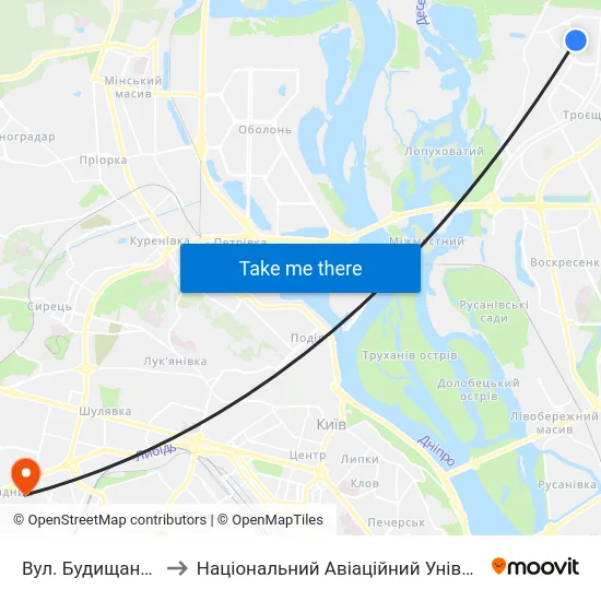 Вул. Будищанська to Національний Авіаційний Університет map