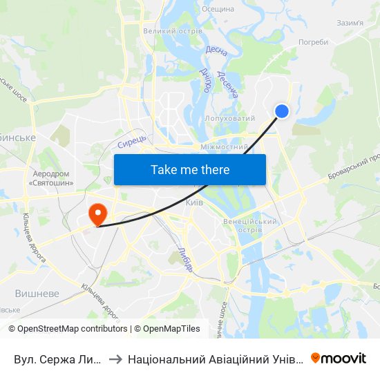 Вул. Сержа Лифаря to Національний Авіаційний Університет map