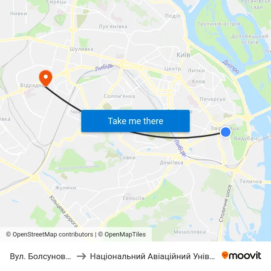 Вул. Болсуновська to Національний Авіаційний Університет map