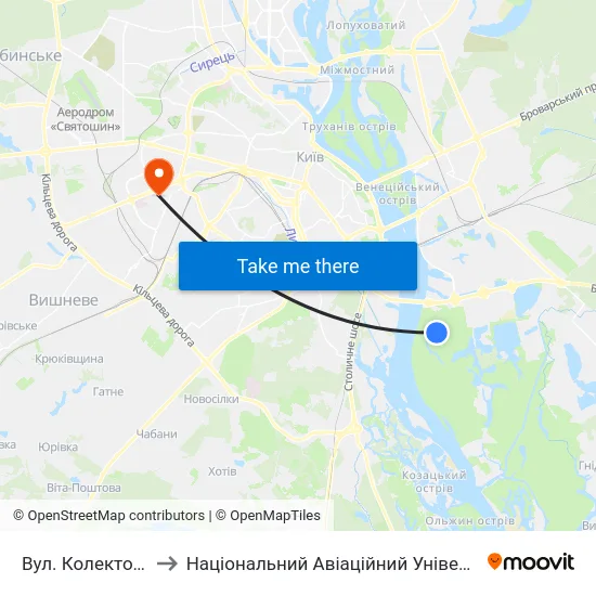 Вул. Колекторна to Національний Авіаційний Університет map