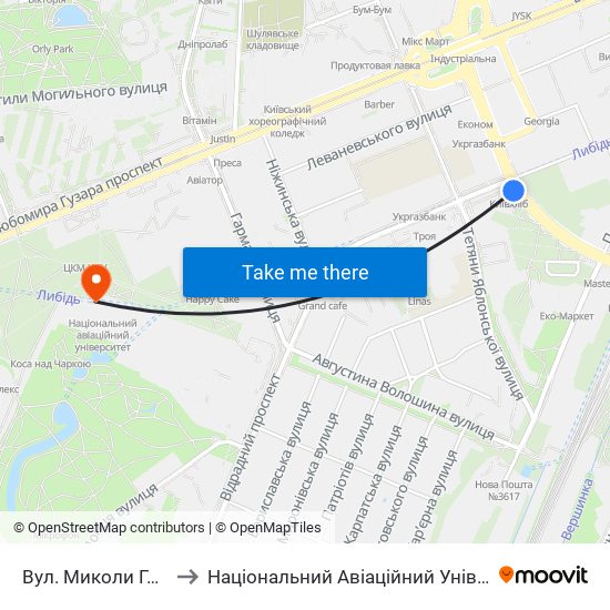 Вул. Миколи Голего to Національний Авіаційний Університет map