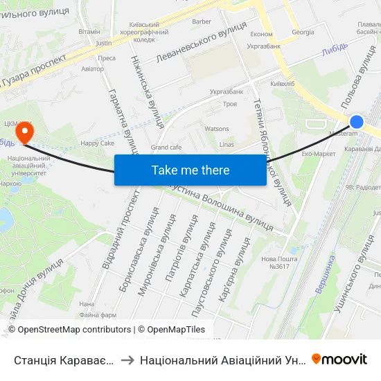 Станція Караваєвi Дачі to Національний Авіаційний Університет map