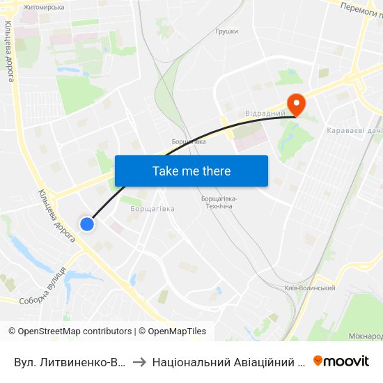 Вул. Литвиненко-Вольгемут to Національний Авіаційний Університет map