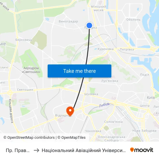 Пр. Правди to Національний Авіаційний Університет map