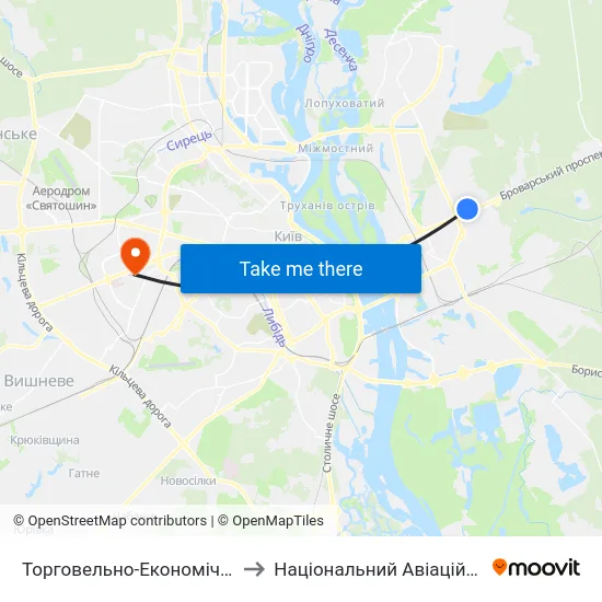Торговельно-Економічний Університет to Національний Авіаційний Університет map