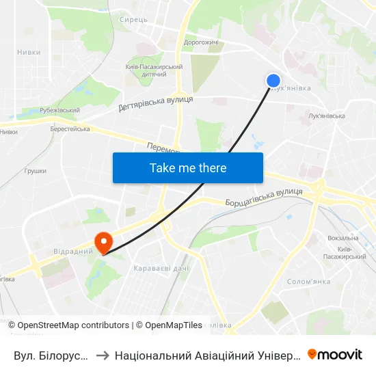 Вул. Білоруська to Національний Авіаційний Університет map